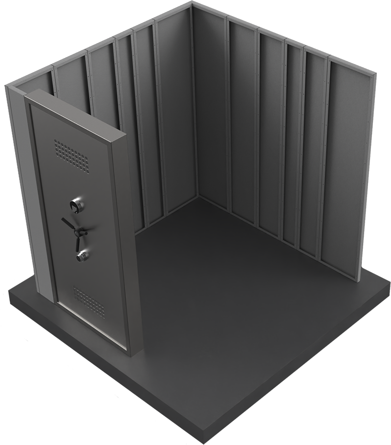 Cutaway view of a SafeCave custom safe room, showing its reinforced steel construction and vault door inside a home.
