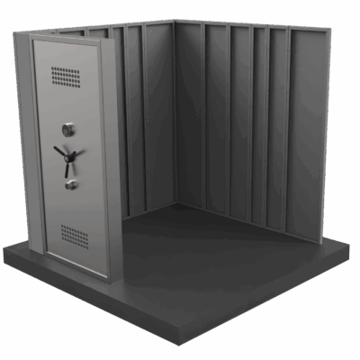 Cutaway view of a SafeCave custom safe room, showing its reinforced steel construction and vault door inside a home.