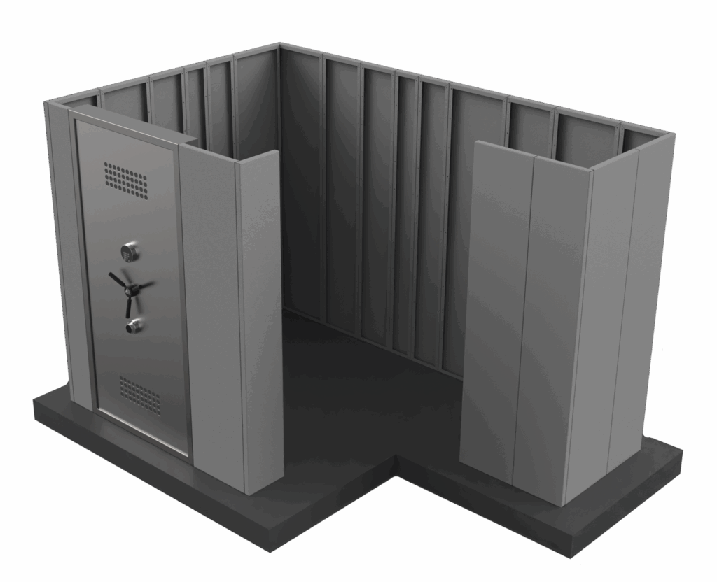 An L-shaped custom safe room by SafeCave, demonstrating the ability to fit unique spaces.
