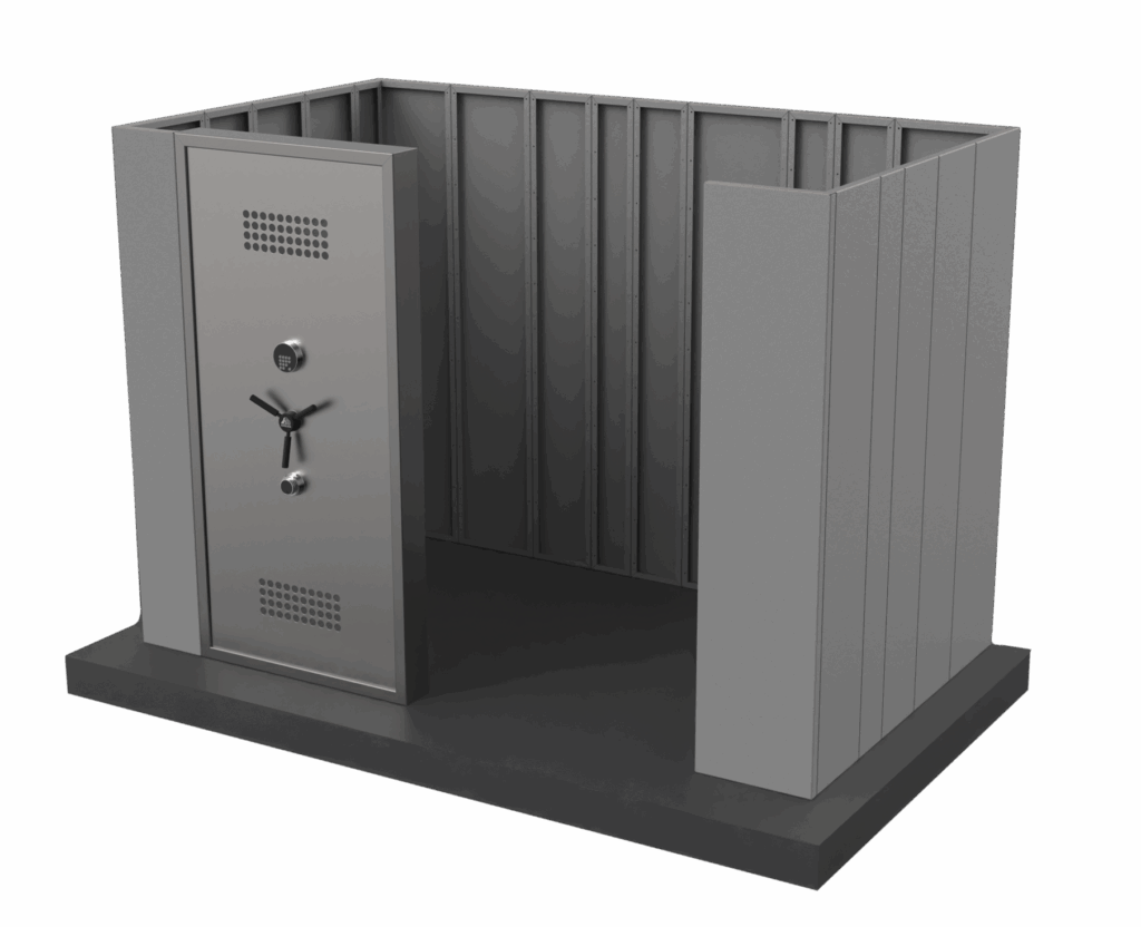 Cutaway view of a custom SafeCave safe room installed in a residential garage space.