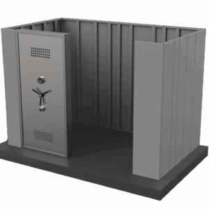 Cutaway view of a custom SafeCave safe room installed in a residential garage space.