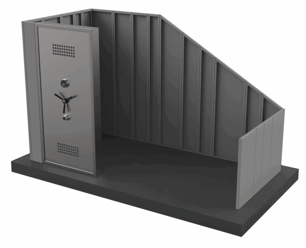 Cutaway view showing a custom SafeCave storm shelter built into the space under a staircase.