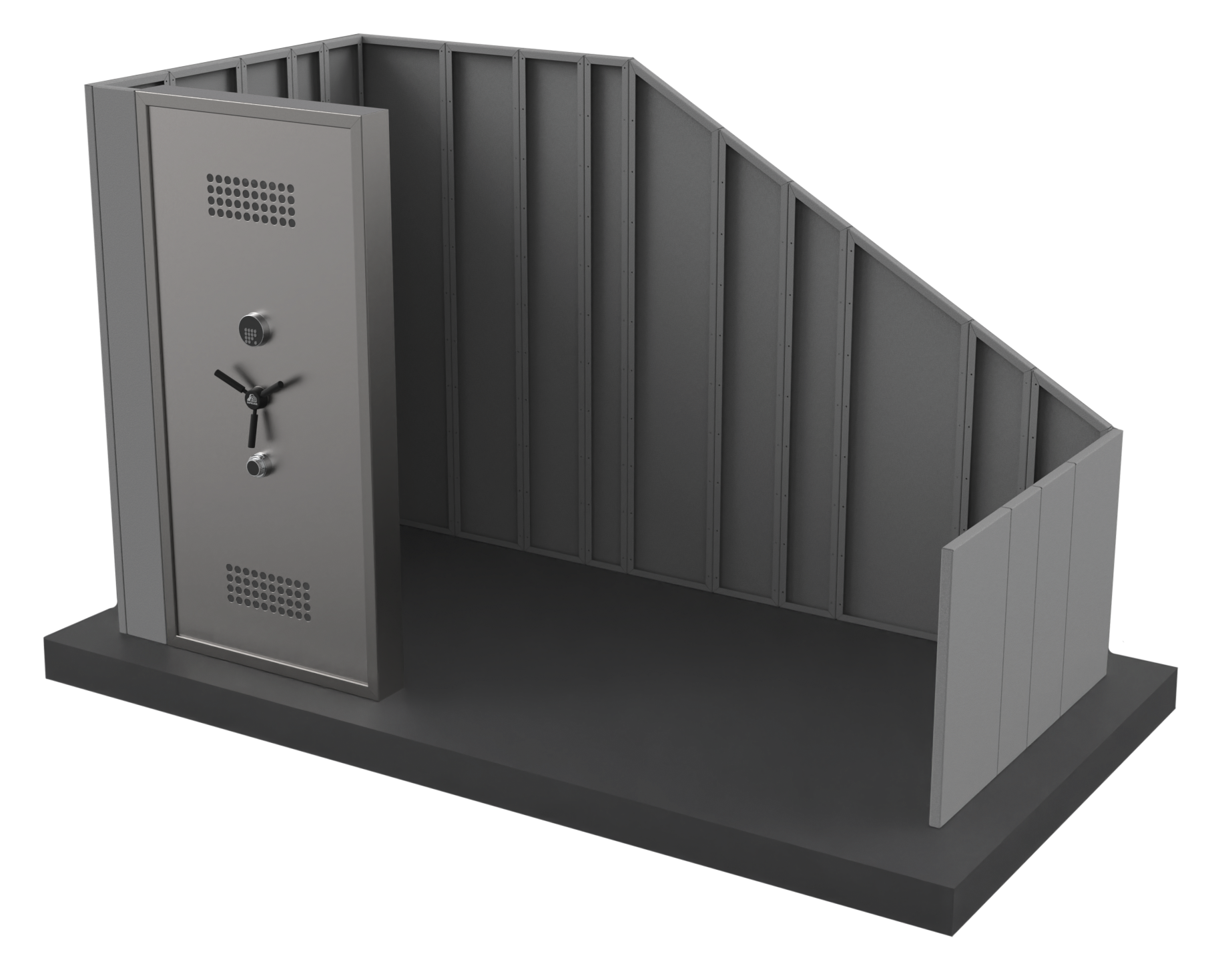 Cutaway view showing a custom SafeCave storm shelter built into the space under a staircase.
